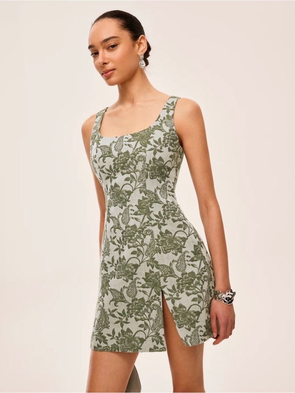 Commense Olive Green Floral Linen-Blend Dress